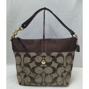 Coach Chelsea Signature Brown Canvas Leather Trim Zipper Hobo Shoulder Bag